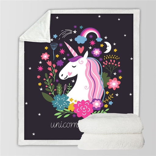 Unicorn Throw Blanket Floral Cartoon Sherpa For Kids Girl