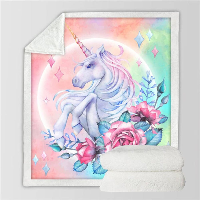 Unicorn Throw Blanket Floral Cartoon Sherpa For Kids Girl