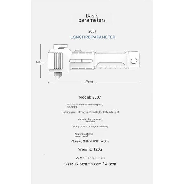 Usb Rechargeable Flashlight With Car Safety Hammer Multi