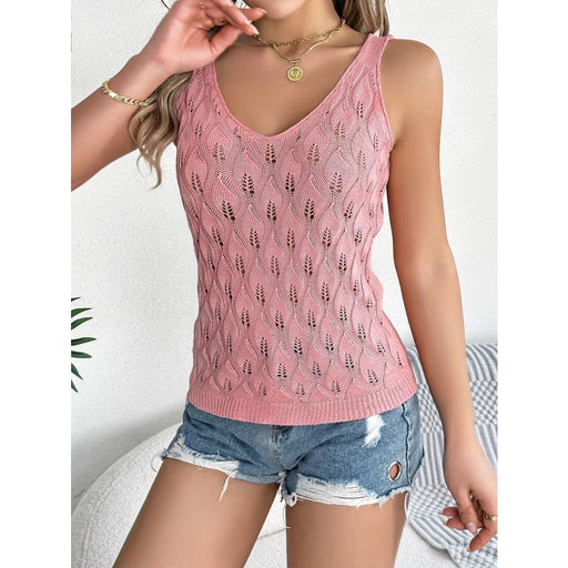 V Neck Leaf Sleeveless Knit Top for Women