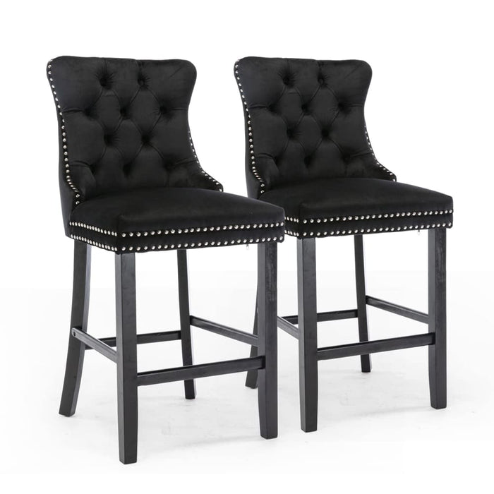 6x Velvet Bar Stools With Studs Trim Wooden Legs Tufted