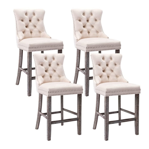 4x Velvet Bar Stools With Studs Trim Wooden Legs Tufted