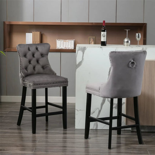 2x Velvet Bar Stools With Studs Trim Wooden Legs Tufted