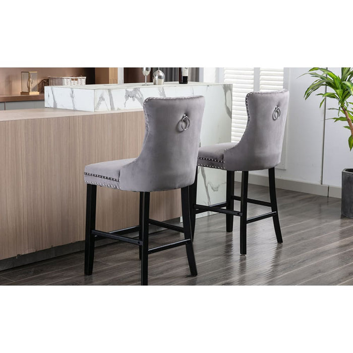 6x Velvet Bar Stools With Studs Trim Wooden Legs Tufted