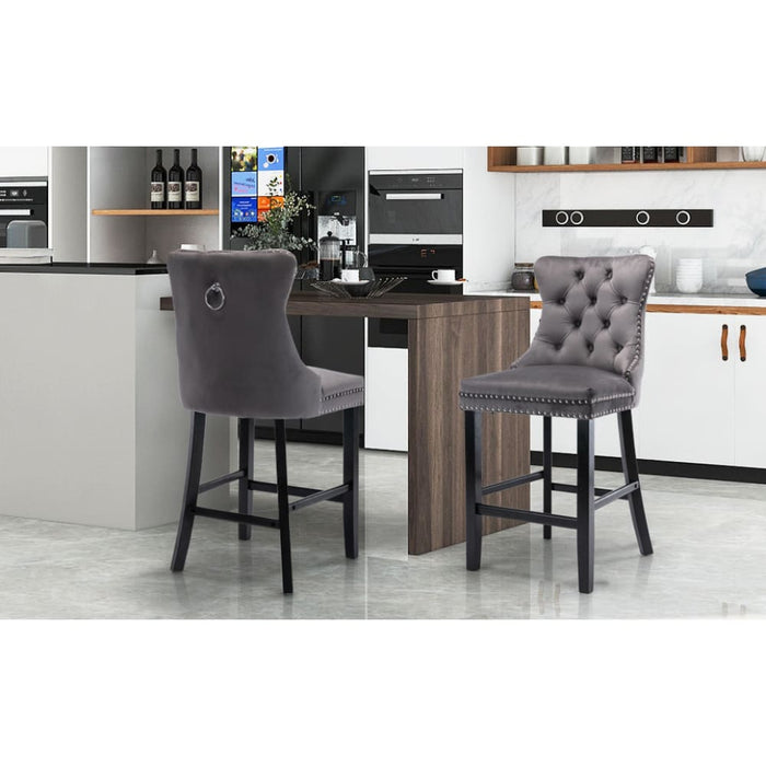 2x Velvet Bar Stools With Studs Trim Wooden Legs Tufted