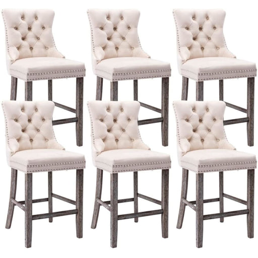 6x Velvet Bar Stools With Studs Trim Wooden Legs Tufted