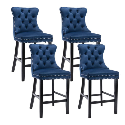 4x Velvet Bar Stools With Studs Trim Wooden Legs Tufted