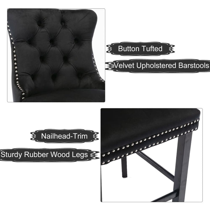 4x Velvet Bar Stools With Studs Trim Wooden Legs Tufted