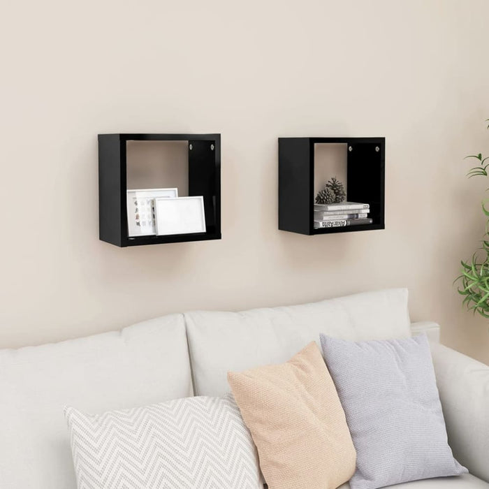 Wall Cube Shelves 2 Pcs Glossy Look Black Nbibal