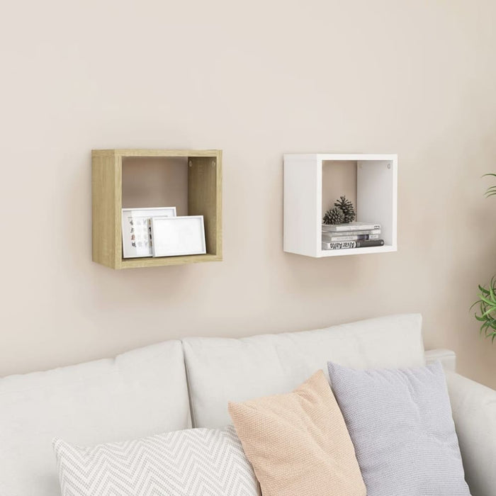 Wall Cube Shelves 2 Pcs White And Sonoma Oak 26x15x26 Cm