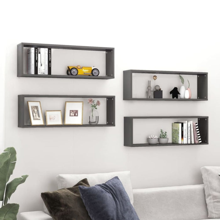 Wall Cube Shelves 4 Pcs Glossy Look Grey Chipboard Nbioto