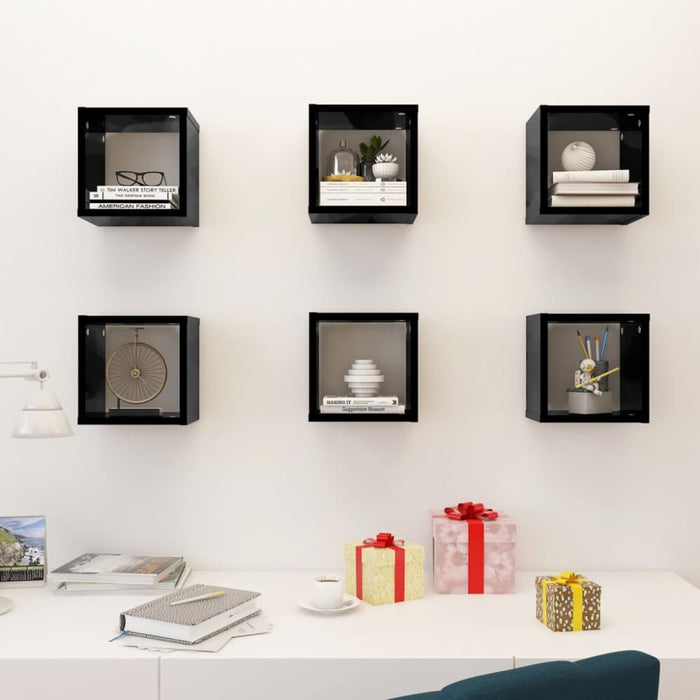 Wall Cube Shelves 6 Pcs Glossy Look Black 22x15x22 Cm Nbibip