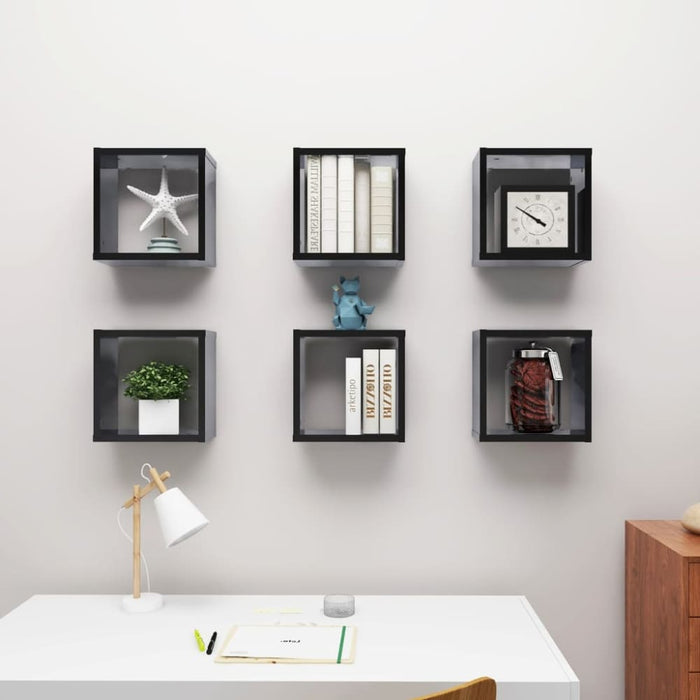 Wall Cube Shelves 6 Pcs Glossy Look Black 30x15x30 Cm Nbibxo