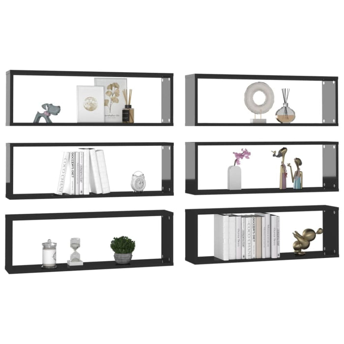 Wall Cube Shelves 6 Pcs Glossy Look Black 80x15x26.5 Cm