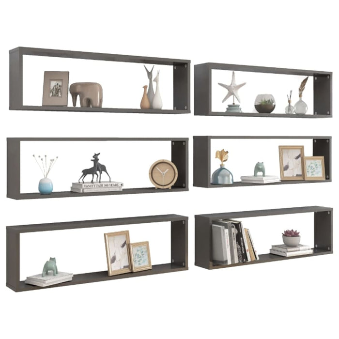 Wall Cube Shelves 6 Pcs Glossy Look Grey 100x15x30 Cm