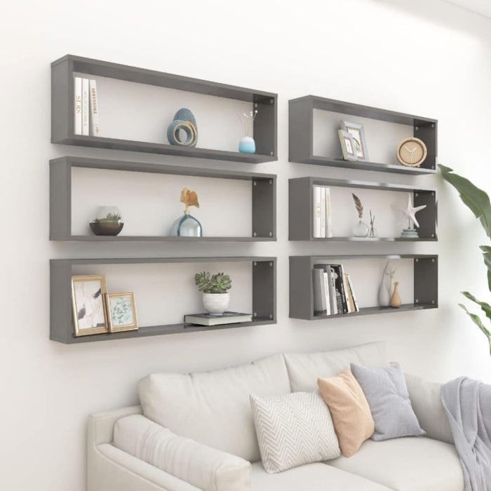 Wall Cube Shelves 6 Pcs Glossy Look Grey 100x15x30 Cm