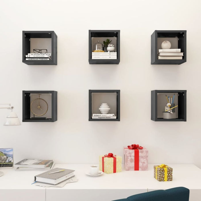 Wall Cube Shelves 6 Pcs Glossy Look Grey 22x15x22 Cm Nbibin