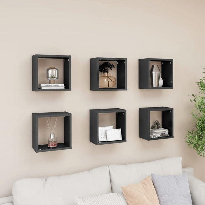 Wall Cube Shelves 6 Pcs Glossy Look Grey Nbibpo