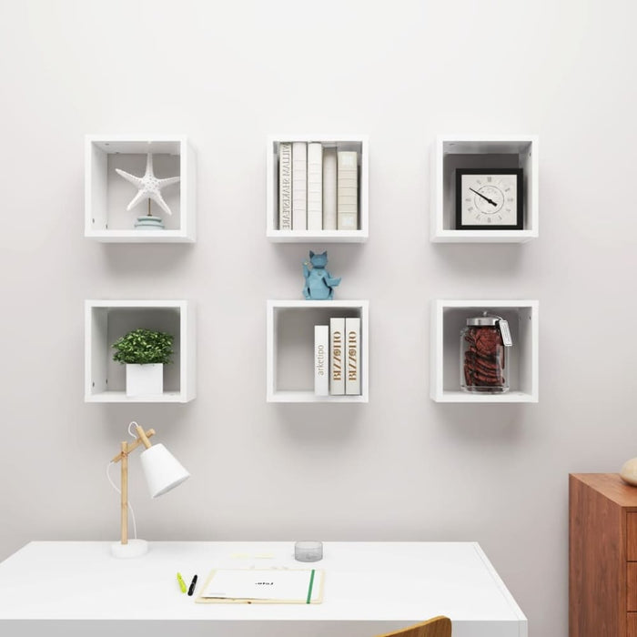 Wall Cube Shelves 6 Pcs Glossy Look White 30x15x30 Cm Nbibon