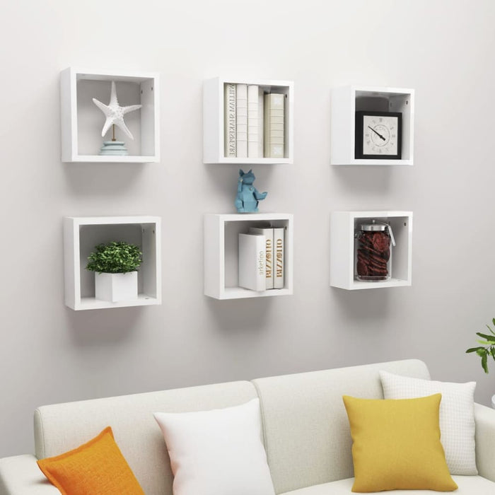 Wall Cube Shelves 6 Pcs Glossy Look White 30x15x30 Cm Nbibon