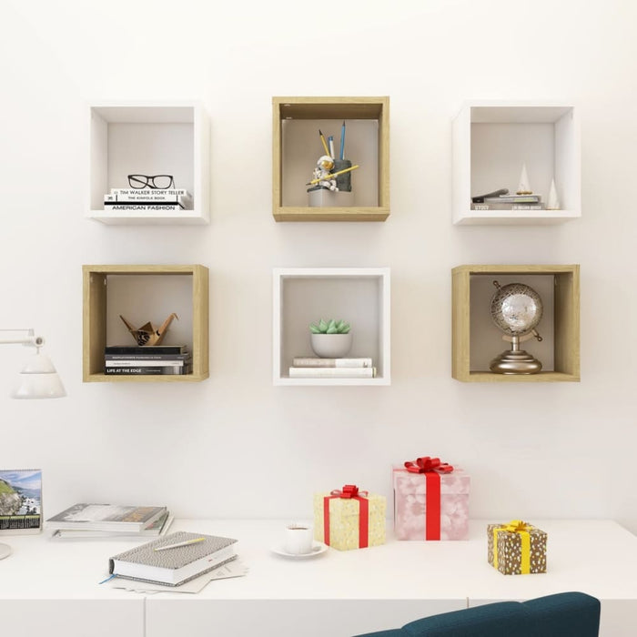 Wall Cube Shelves 6 Pcs White And Sonoma Oak 26x15x26 Cm