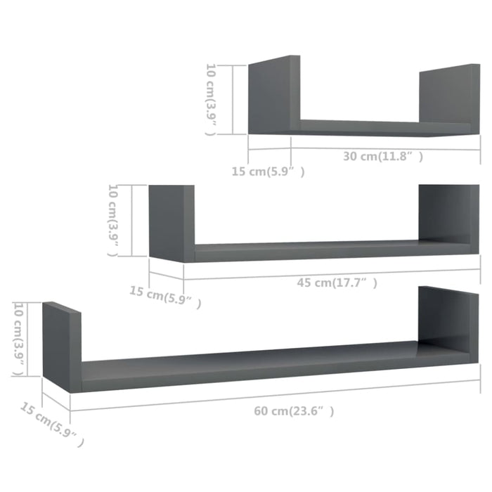 Wall Display Shelf 3 Pcs Glossy Look Grey Chipboard Nbbxbl