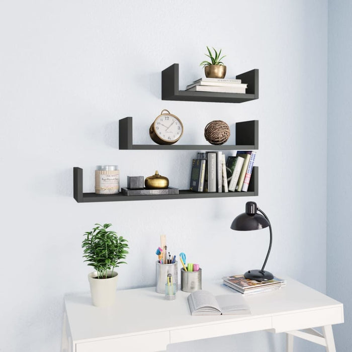 Wall Display Shelf 3 Pcs Glossy Look Grey Chipboard Nbbxbl