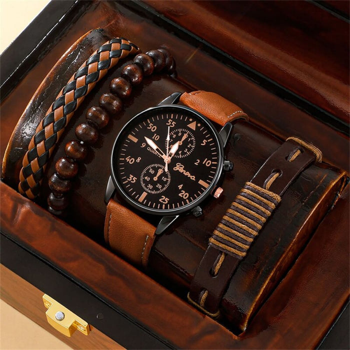 Men Watch Bracelet Set Fashion Business Brown Leather