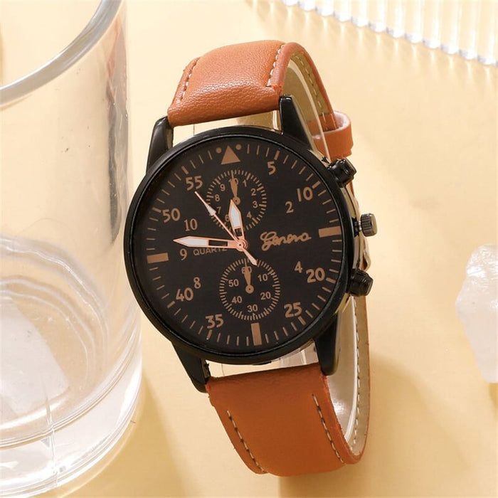 Men Watch Bracelet Set Fashion Business Brown Leather