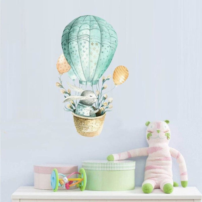 Watercolour Green Rabbit Hot Air Balloon Wall Stickers