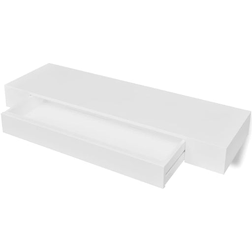 White Mdf Floating Wall Display Shelf 1 Drawer Book Dvd