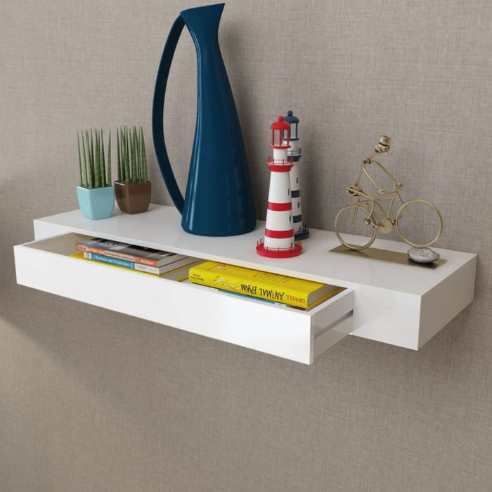 White Mdf Floating Wall Display Shelf 1 Drawer Book Dvd