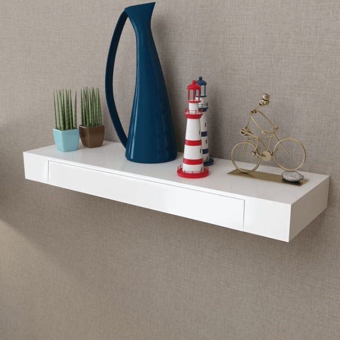 White Mdf Floating Wall Display Shelf 1 Drawer Book Dvd