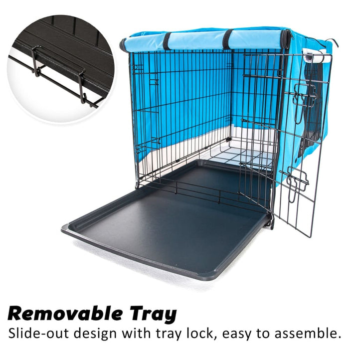 Wire Dog Cage Crate 24in With Tray Cushion Mat Blue Cover