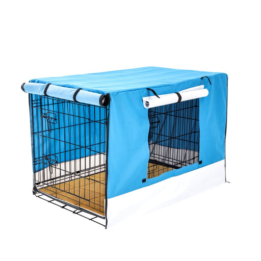 Wire Dog Cage Crate 36in With Tray Cushion Mat Blue Cover