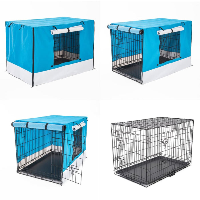 Wire Dog Cage Foldable Crate Kennel 24in With Tray Blue