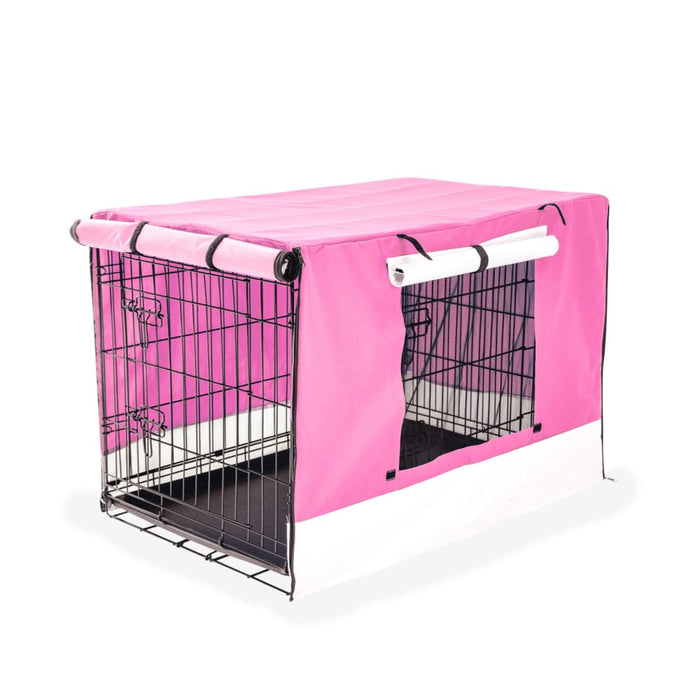 Wire Dog Cage Foldable Crate Kennel 24in With Tray Pink