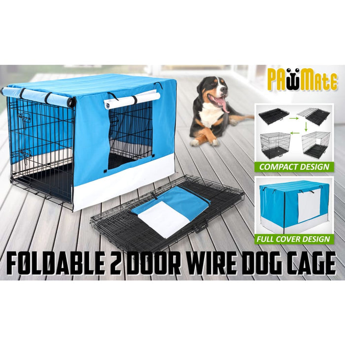 Wire Dog Cage Foldable Crate Kennel 30in With Tray + Blue