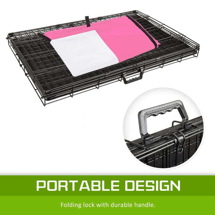 Wire Dog Cage Foldable Crate Kennel 42in With Tray + Pink