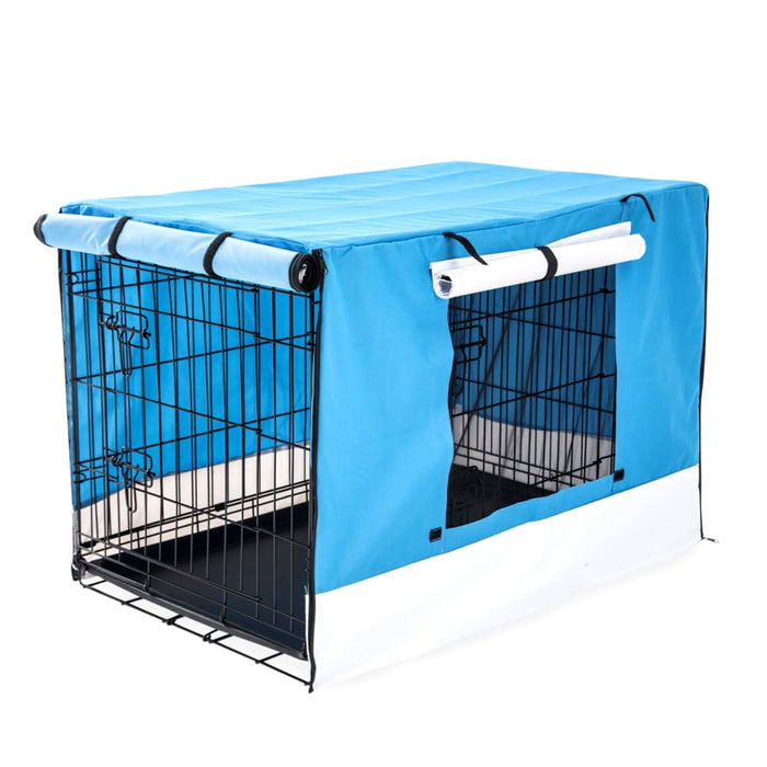 Wire Dog Cage Foldable Crate Kennel 48in With Tray + Blue