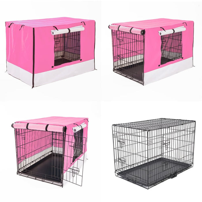 Wire Dog Cage Foldable Crate Kennel 48in With Tray + Pink