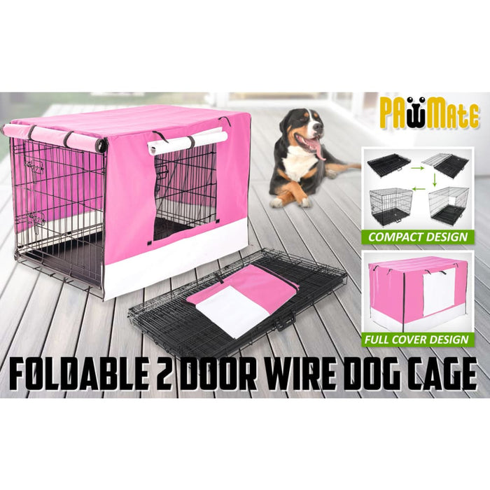 Wire Dog Cage Foldable Crate Kennel 48in With Tray + Pink