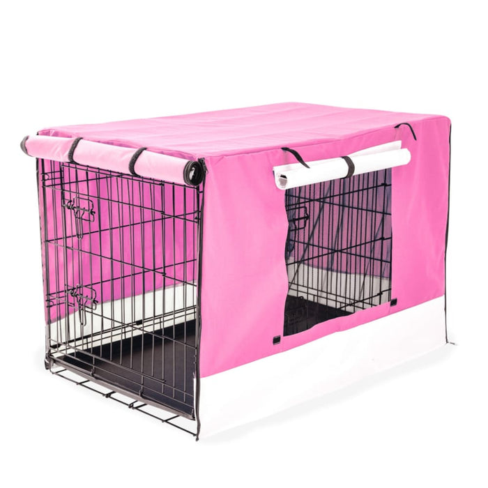 Wire Dog Cage Foldable Crate Kennel 48in With Tray + Pink