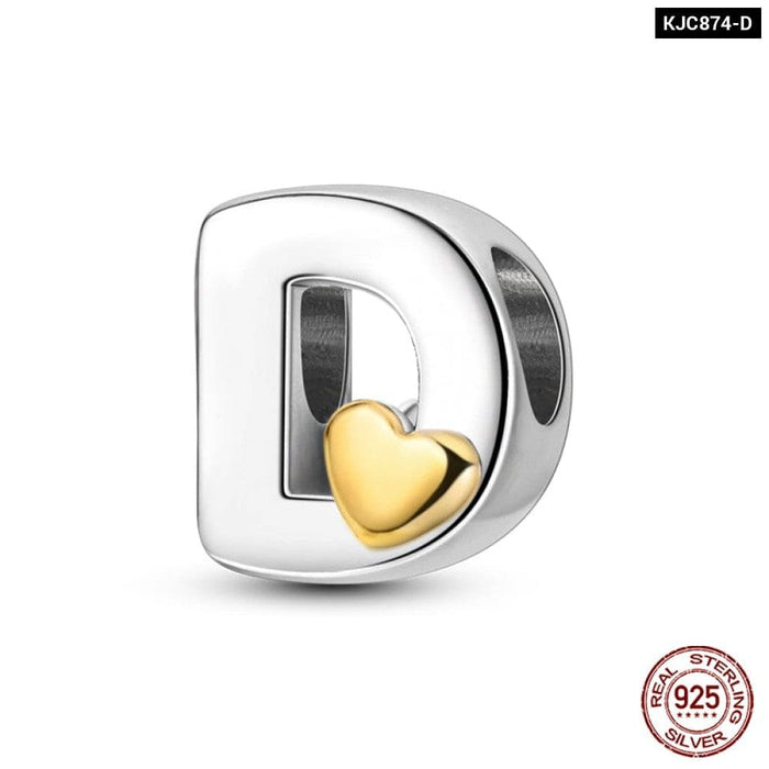 Womens 925 Sterling Silver Classic Golden Heart 26 Alphabet