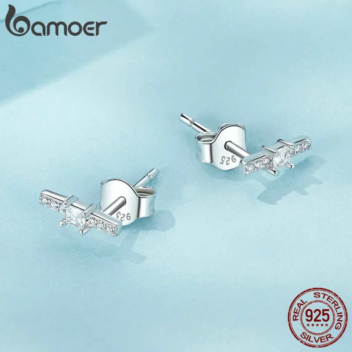 Womens 925 Sterling Silver Delicate Mini Line Stud Earrings