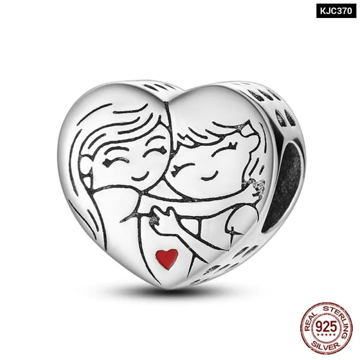 Womens 925 Sterling Silver Heart Shaped Warm Family Charm