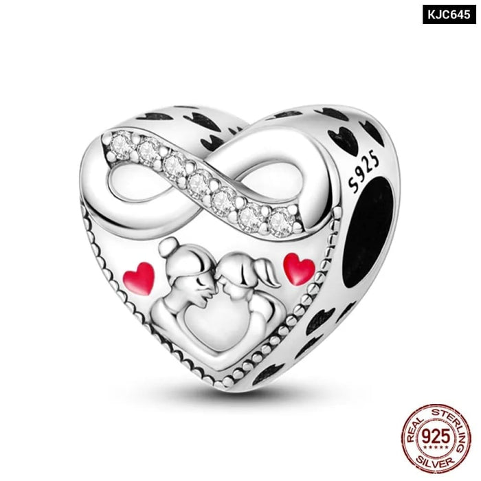 Womens 925 Sterling Silver Heart Shaped Warm Family Charm