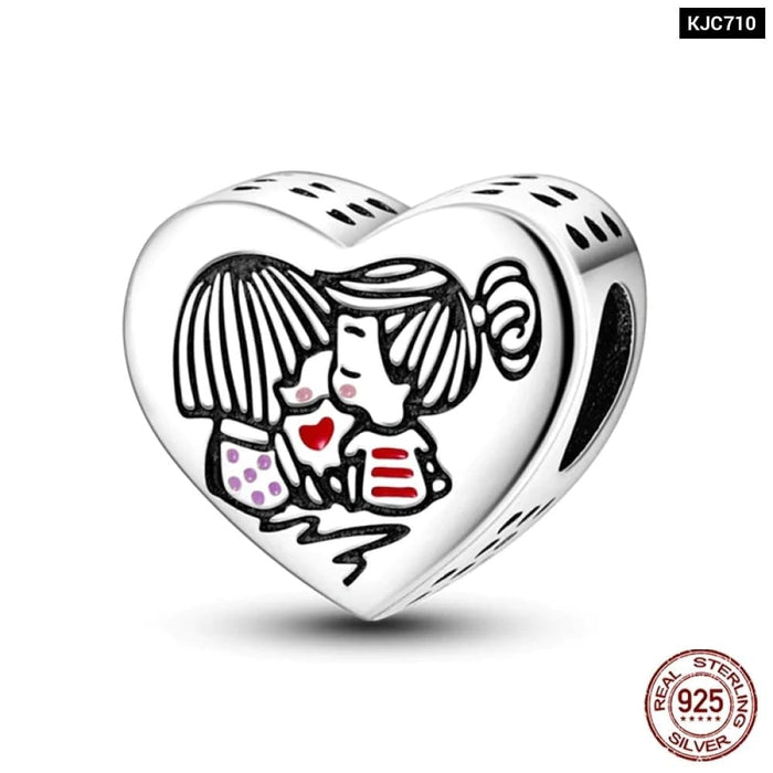 Womens 925 Sterling Silver Heart Shaped Warm Family Charm