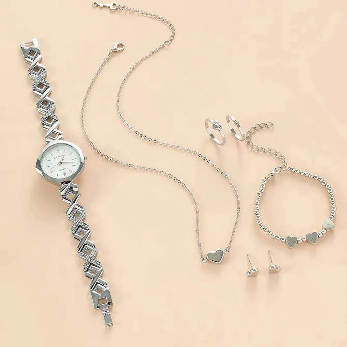 Womens Bracelet Necklace Earrings Ring Quartz Watch 5pcs