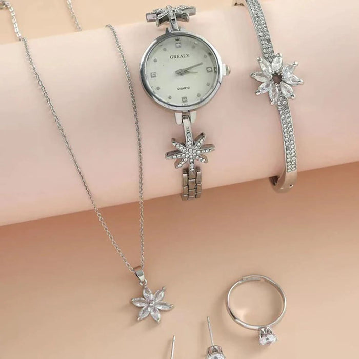 Womens Bracelet Necklace Earrings Ring Quartz Watch 5pcs